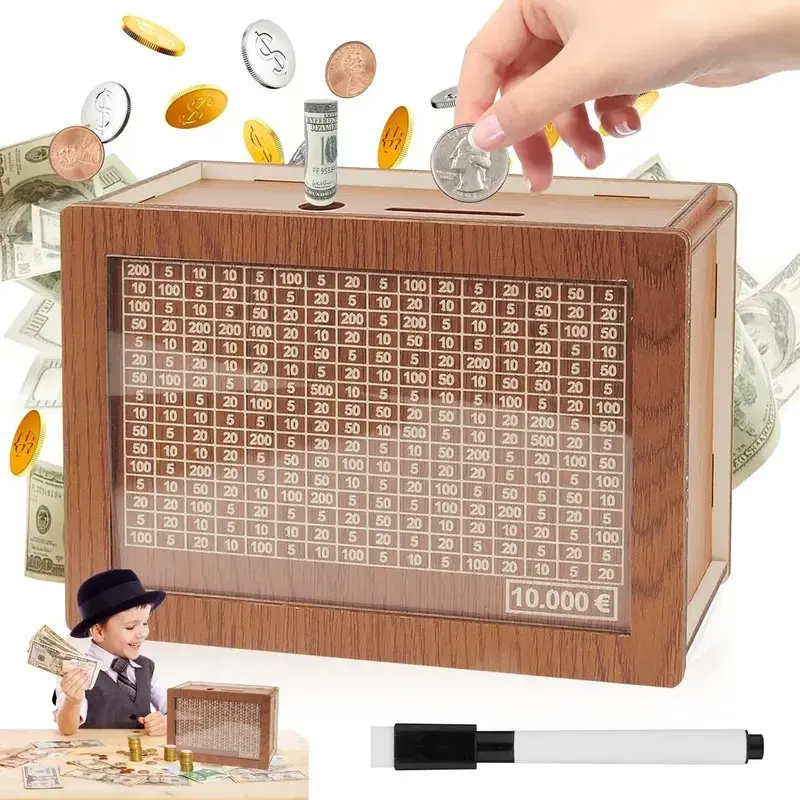 Money Vault 10000 Dollar Savings Challenge Box Wooden Piggy Bank Cash Vault Tenkaybox Wood Cashbox for Adults Kids Boys Girls Cash Saving Coin Bank 10,000(10000 Dollar) Piggybank