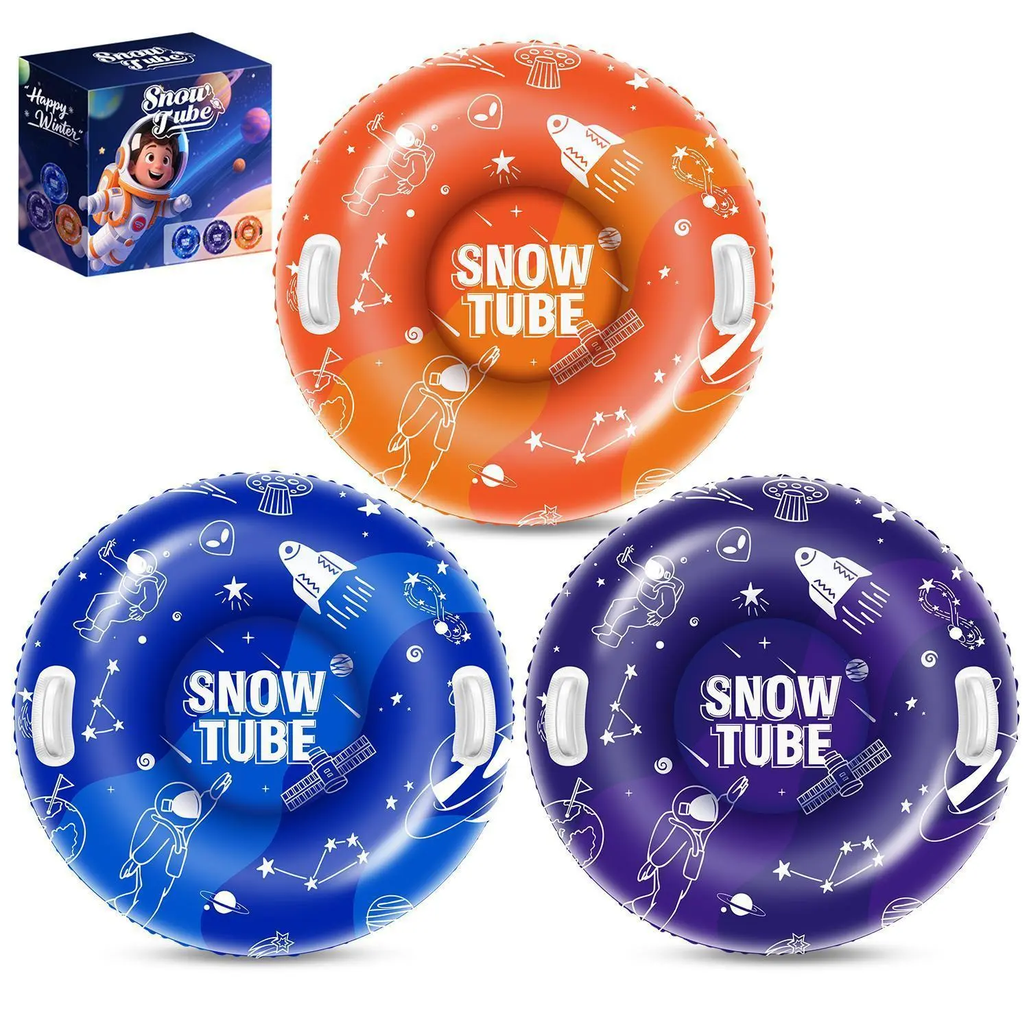3Pack Snow Tubes,Space Pattern Style,Snow Sled for Kids and Adults, Cold-Resistant Inflatable Snow Tube, Thickened Heavy Duty Sleds for Winter with Handles, Snow Toys, Snow Sleds for Family Activities Outdoor Fun summerwins