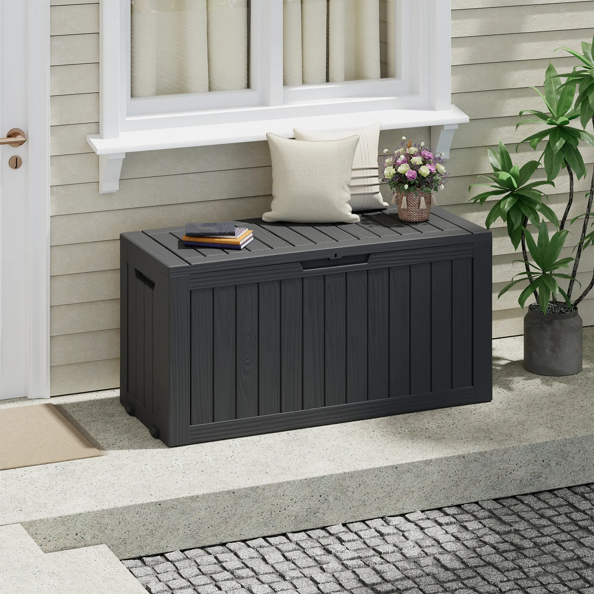 LHBCRAFT  72 Gallon Waterproof Outdoor Storage Box, Lockable UV Resistant Patio Storage Bench, Storage Bin for Cushions, Toys and Garden Tools