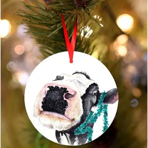 White Ceramic Christmas Decoration - Cow Design - Circle/Star/Heart/Oval