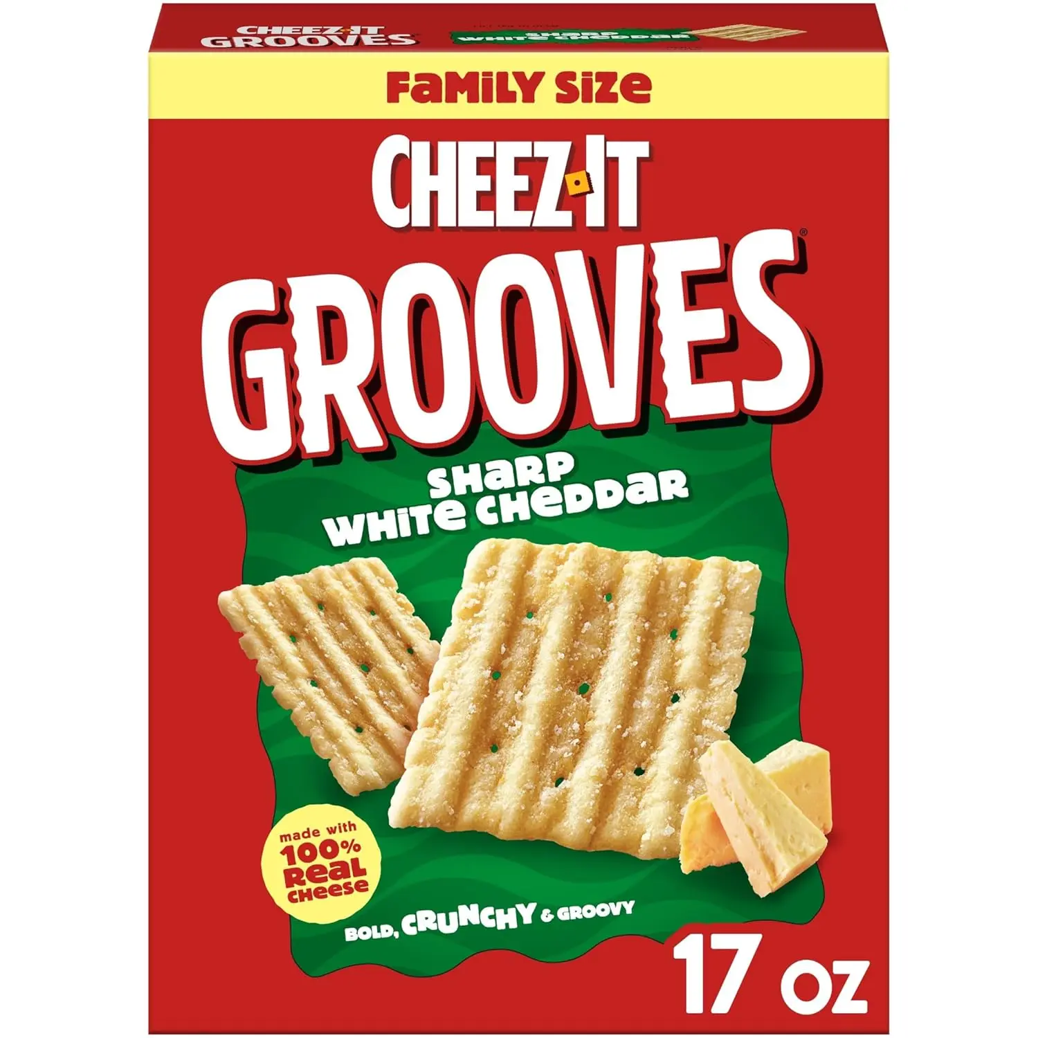 Grooves Crunchy Cheese Crackers, Snack Crackers, Lunch Snacks, Family Size, Sharp White Cheddar, 17oz Box (1 Box)