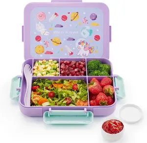 Kids Bento Box, 5 Compartments Leakproof LunchContainers with Tableware & Sauce Box, Microwave &Dishwasher & Freezer Safe, BPA Free, 40oz (Purple&Blue)