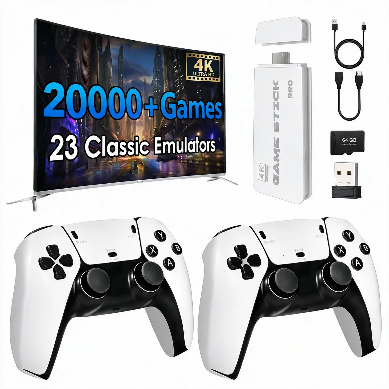 Retro Upgraded ABS Video Game Stick Pro Home Console for TV - 20000+ Built-in Games, 23 Emulators, 2 Wireless Controllers, 64GB SD Card, 4K HDMI Output for Teens