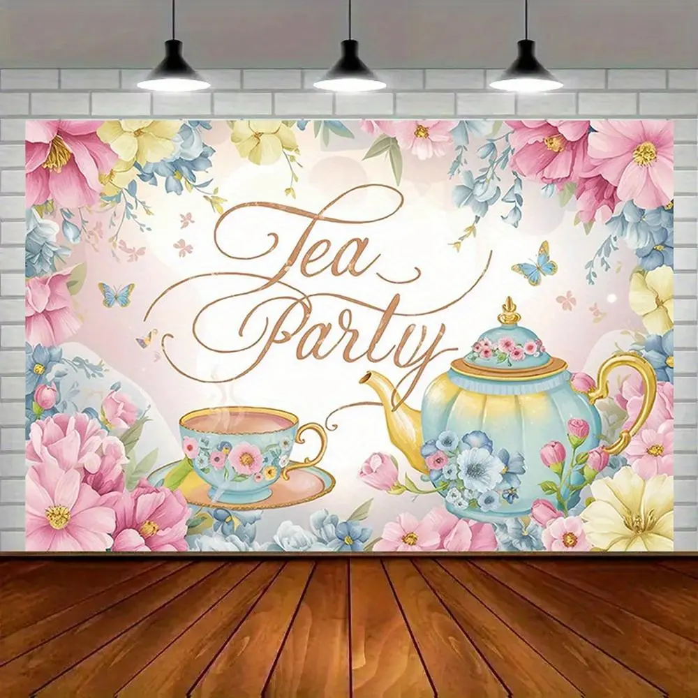 1pc 2D Flat Polyester Glam Tea Party Banner - Decorative Vibrant Floral & Teapot Print, Blush White Soft Durable Fabric, All-Seasons Indoor Adult Textile Tea Party Decor Supplies