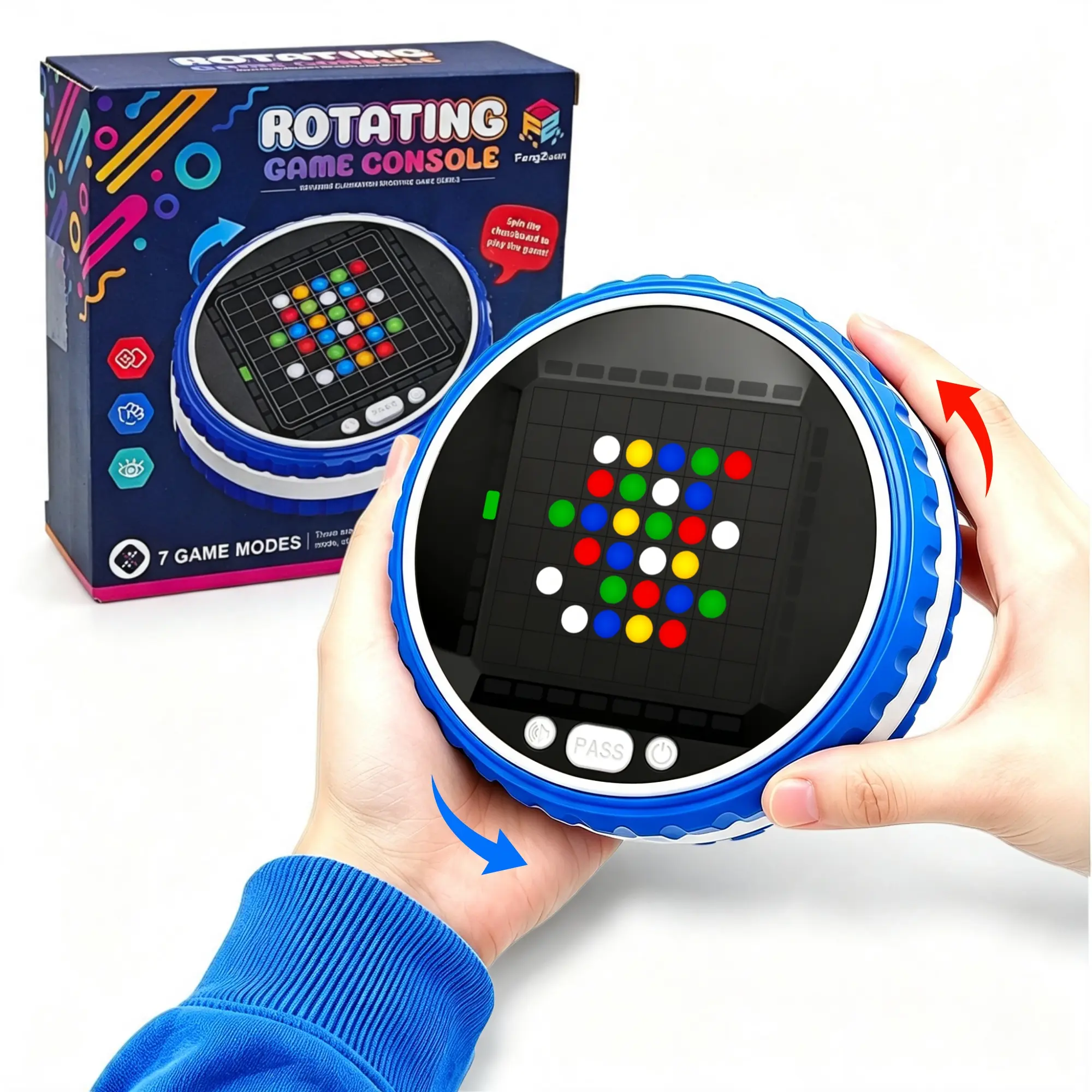 7-in-1 Rotating Electronic Board Game for Ages 6+, Handheld Logic Puzzle with Built-In AI Opponent, 3 Modes with 99 Levels Each, Portable Brain Game for Travel, Ekobyte