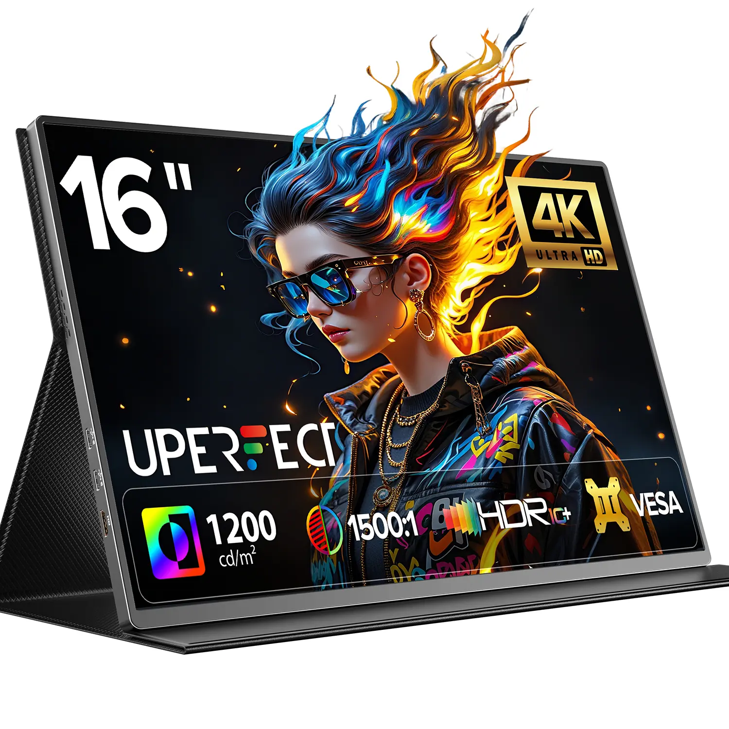 UPERFECT 16 Inches 4K 2.5K Portable Monitor freesync 60HZ 144Hz IPS Display 16:10  Adaptive Sync 100% sRGB HDR, Low Blue Light Anti-Glare, Magnetic Smart Cover Kickstand  Dual USB-C HDMI Plug & Play for MacBook Laptop PS5 Xbox - Ideal for Remote