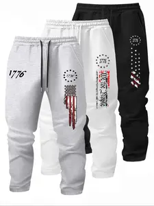 Men's Fleece Lined Casual Flag Print Pants Set, Adjustable Drawstring Waistband, Comfortable Daily Wear & Gym