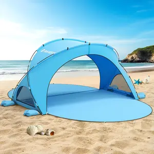 Beach Tent Sun Shelter, Beach Shade Tent with UPF50+ UV Protection, Beach Sun Shelter for 1-6 Person, Beach Shade with 2 Zippered Doors, Portable Beach Tent for Beach Camping Fishing, Blue family tent for summer outdoor umbrella