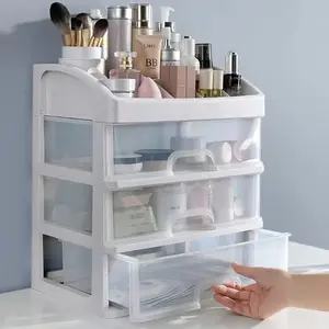 3 Layer Makeup Organiser Storage Box with Drawers, Plastic Cosmetic Case & Jewelry Container with Makeup Brush Holder for Skincare, Beauty Accessories, Vanity Counter & Desktop Organization