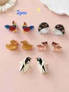 2pcs Cute Ocean Animal Hair Clips Barrettes, Super Cute Clips, Realistic Rooster Hedgehog Duck Deer Penguin Small Claw Clips, Princess Headwear for Beach Vacation Hair Claws