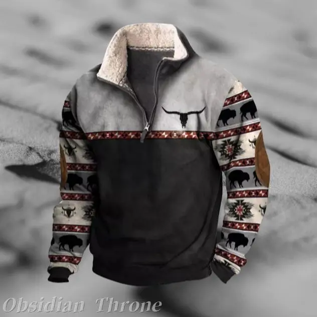 Mens Sweatshirts Aztec Cowboy Vintage No Hooded Pullover 1/4 Zip Stand Collar Long Sleeve Casual Western Fleece Tops Classic Menswear Day Beige Underwear Layer Sweaters Minimalist Quarter Stylish