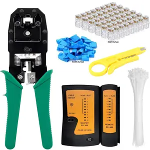 RJ45 Network Tool Kit Crimp Tool Kit Complete Cat5 Cat5e Cat6 Ethernet Crimper Set with Cable Tester, 50 Connectors & Covers