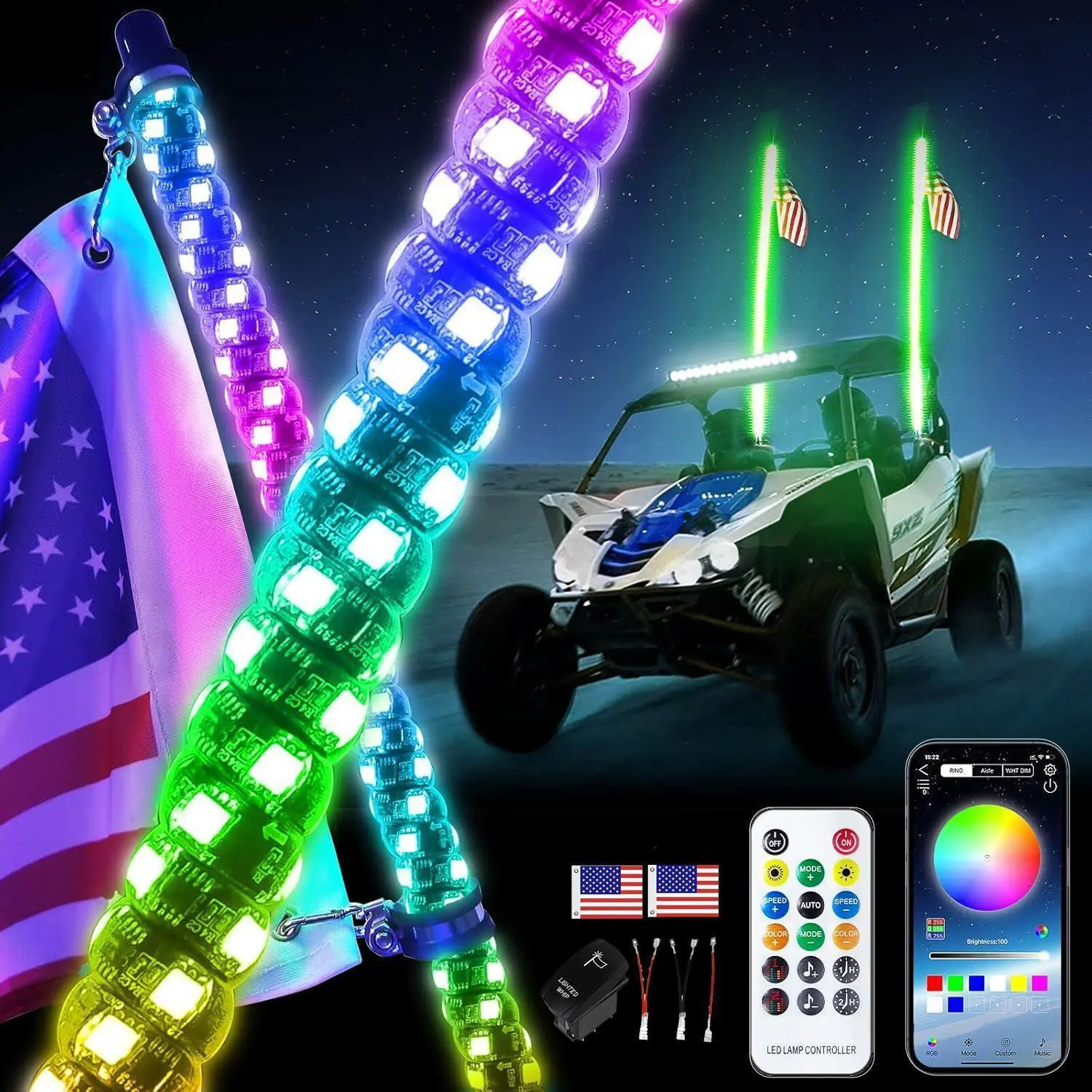 3FT RGB LED Whip Lights, Auto Decorative Light, Multifunctional Off-Road Automotive Accessory with Remote for UTV, ATV Trucks, Car Light Embellishments