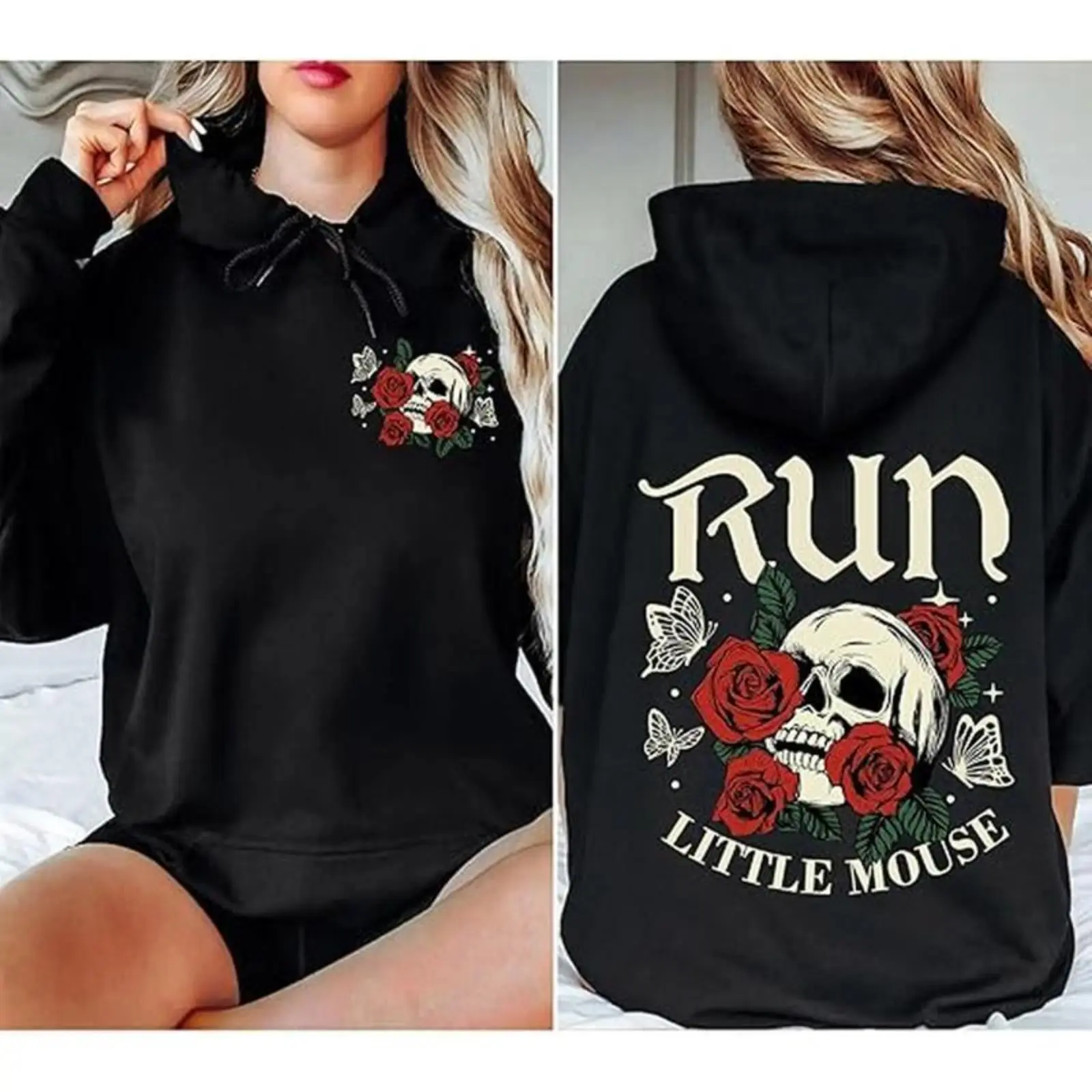Women's Gothic Dark Romance Printed Cotton Hoodie - Run Little Mouse, Skull Rose Graphics, Double-Sided Design, Vintage Streetwear, Long-Sleeves, Unisex Casual Sweatshirt, Halloween Gift, Longsleeves