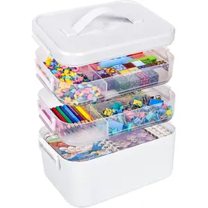 Craft Storage,3-Layer Plastic Craft Organizers and Storage Box with Removable Trays, Storage Containers with lids and Handle, Art Supply Storage Organizer for Bead, Ornament, Nail Polish, Embroidery Thread