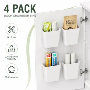 4 Pack Self Adhesive Cabinet Door Storage Box – No Drill Wall Mounted Small Items Organizer for Kitchen, Bathroom, Wardrobe, Refrigerator Side – Clear Stackable Containers for Spices, Capsules, Cosmetics