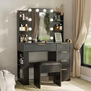 37" Vanity Desk with Mirror and Lights, Fluted Makeup Vanity with Charging Station, 5 Drawers and a Glass Door Cabinet, Dressing Table set with Hairdryer Holder and Storage Stool for Bedroom, Black