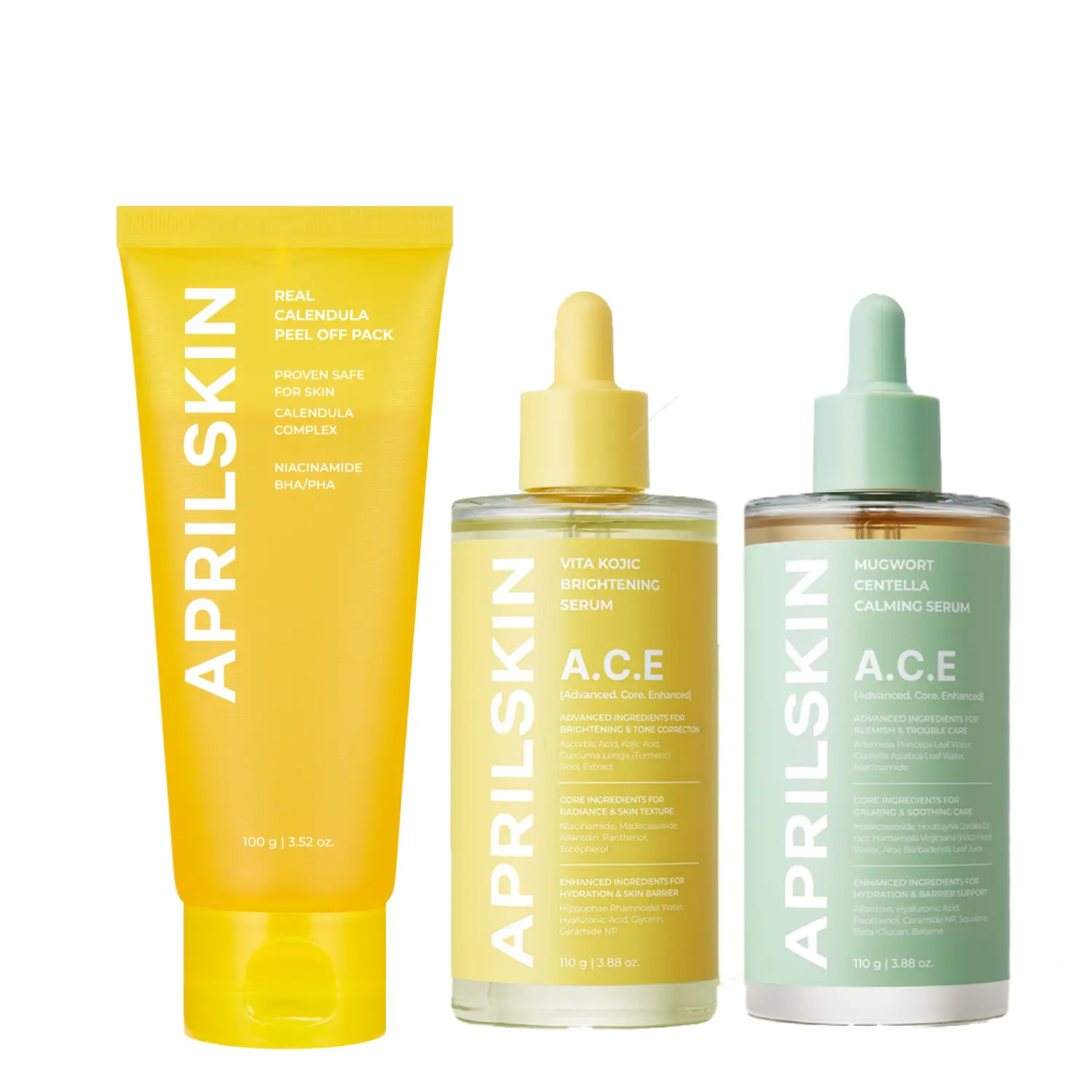 [APRILSKIN Official] Face-to-Body Pore-to-Glow Routine SetㅣCalendula Peel Off mask & A.C.E. 3-SECOND Soothing & Brightening Serum Duo | Vitamin C + Kojic Acid |Cares for Uneven Skin Tone, Clogged Pores, Dead Skin Cells | Gentle Exfoliation | K-beauty