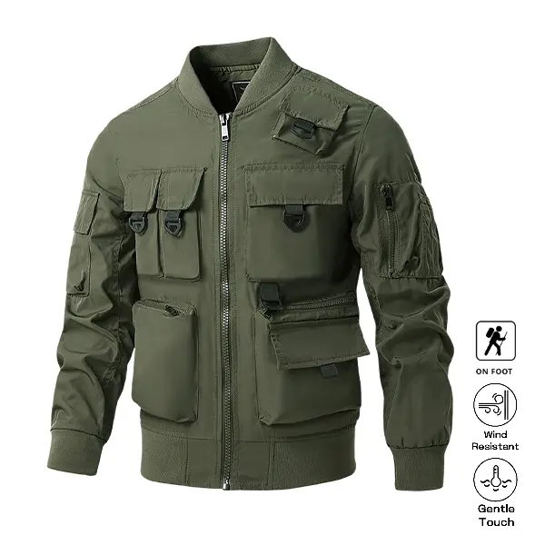 Men's Tactical Bomber Jacket - Multi-Pocket Menswear Tops, Wind-Resistant Military Garment, Lightweight Fabric Cargo Zip-Up for Travel, Hiking