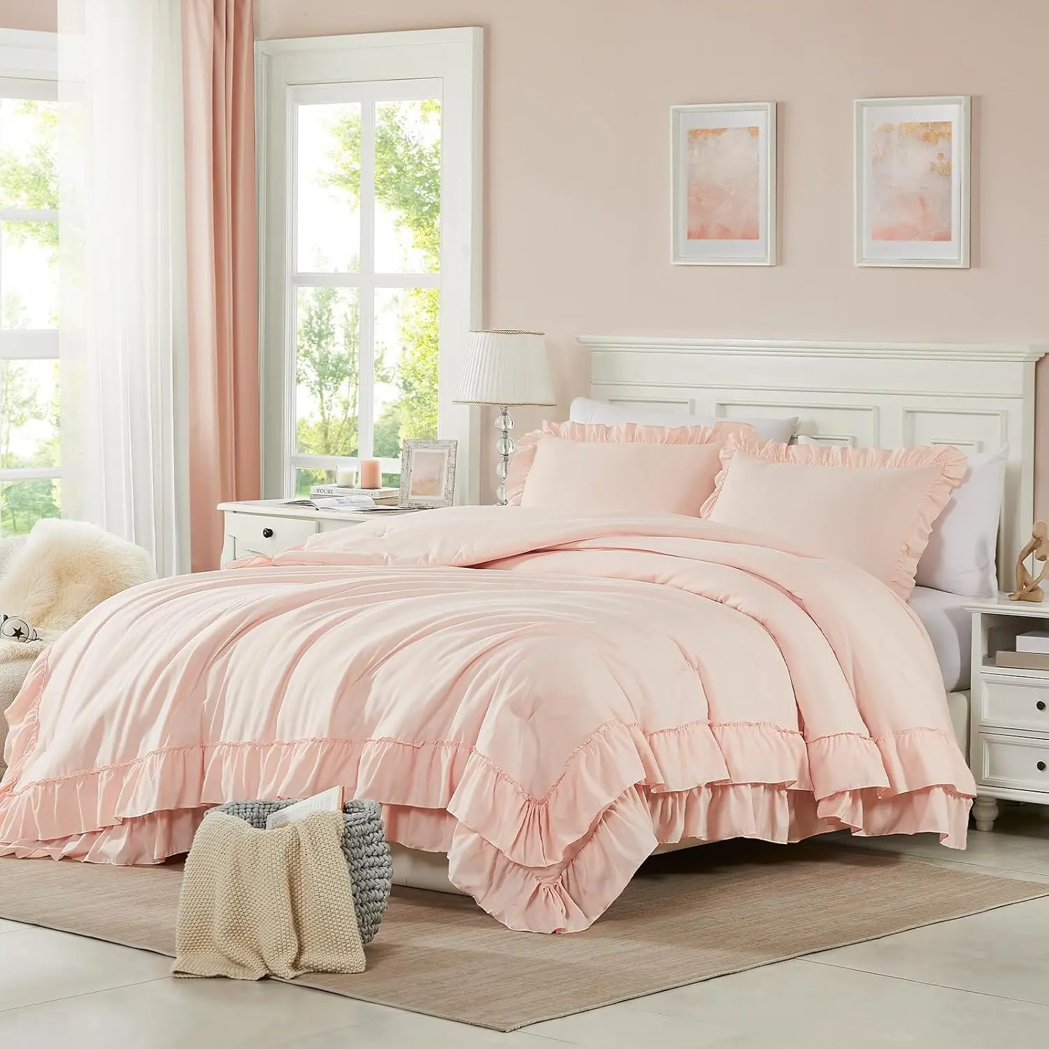 Blush Full Comforter Set, 3 count Ruffle Farmhouse Bedding Set with Comforter & Pillowcases, Soft Lightweight Fluffy Shabby Chic Comforter Set for  Season Use (Blush, F)