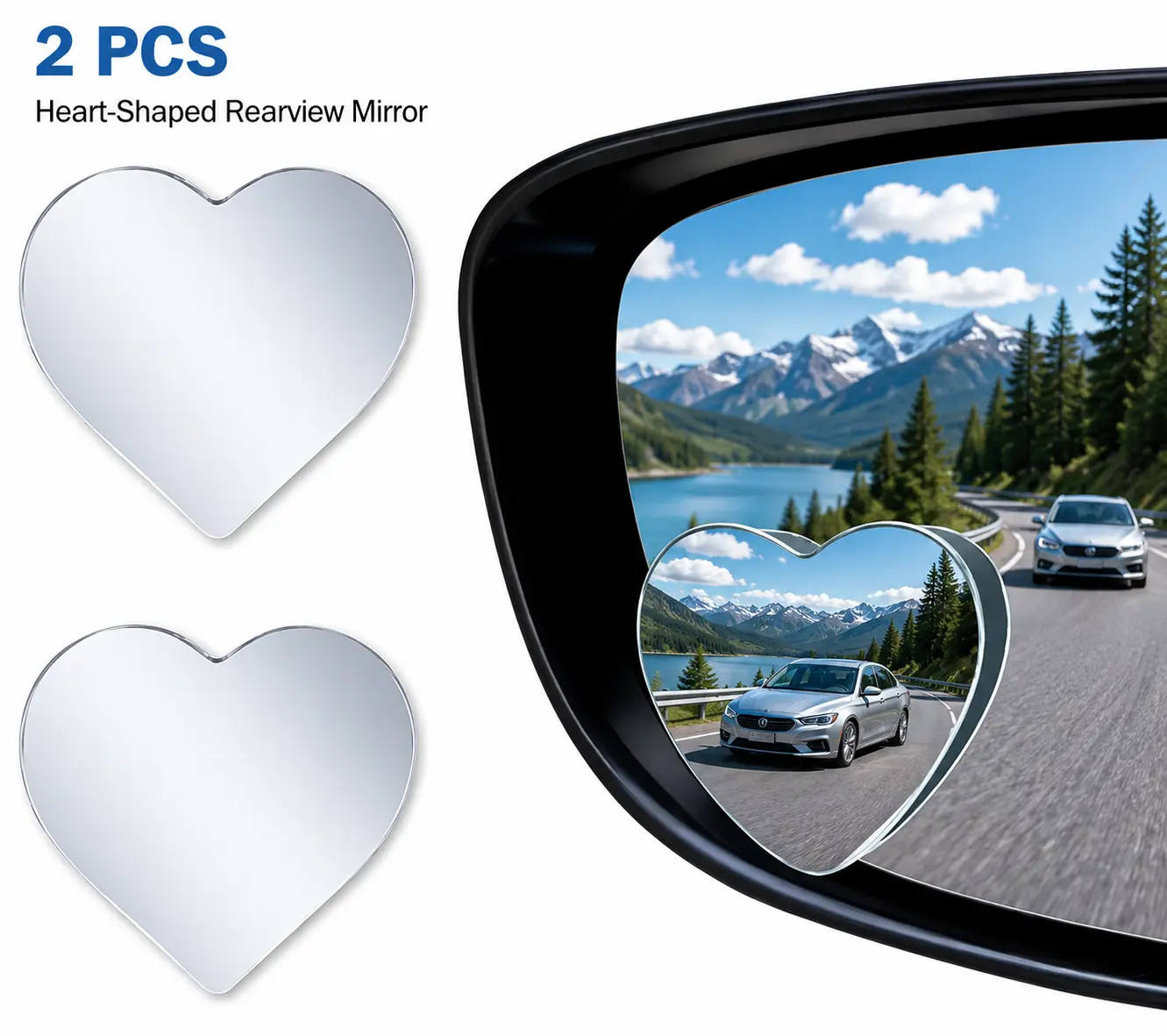 2Pcs HD Frameless Heart Rearview Mirror, for Left Side All Vehicle Installation, Universal Car Auxiliary Mirror, Wide Field Vision Clear Imaging Safe Driving Blind Spot Mirror