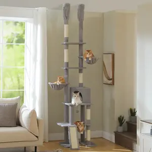 Floor to ceiling cat tree with sisal scratching posts cozy condo hammock adjustable height tall tall cat tower for indoor cat toys