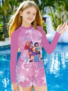 Girls' One-Piece Swimsuit, K-Pop Theme Birthday Party Design, Quick-Dry Sun Protection Long Sleeve Swimwear, Beach Pool Surfing