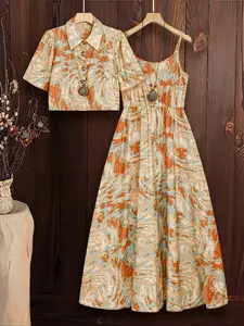 Vintage Oil Painting Print Two-Piece Set, Bohemian Chic Short Shirt Top + Strap Waist Long Skirt, Casual Office Wear, Beach, Photo Shoot Style, Boho