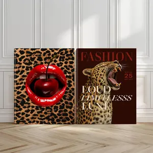 2pcs Leopard Print Design Wall Art, Bold Cherry Poster, Inventory Style Art Prints, Home Decor, Modern Home Decoration, Modern Wall Paintings, Minimalist Canvas Posters, Decor for Living Room, Bedroom, Housewarming Gift, With Frame