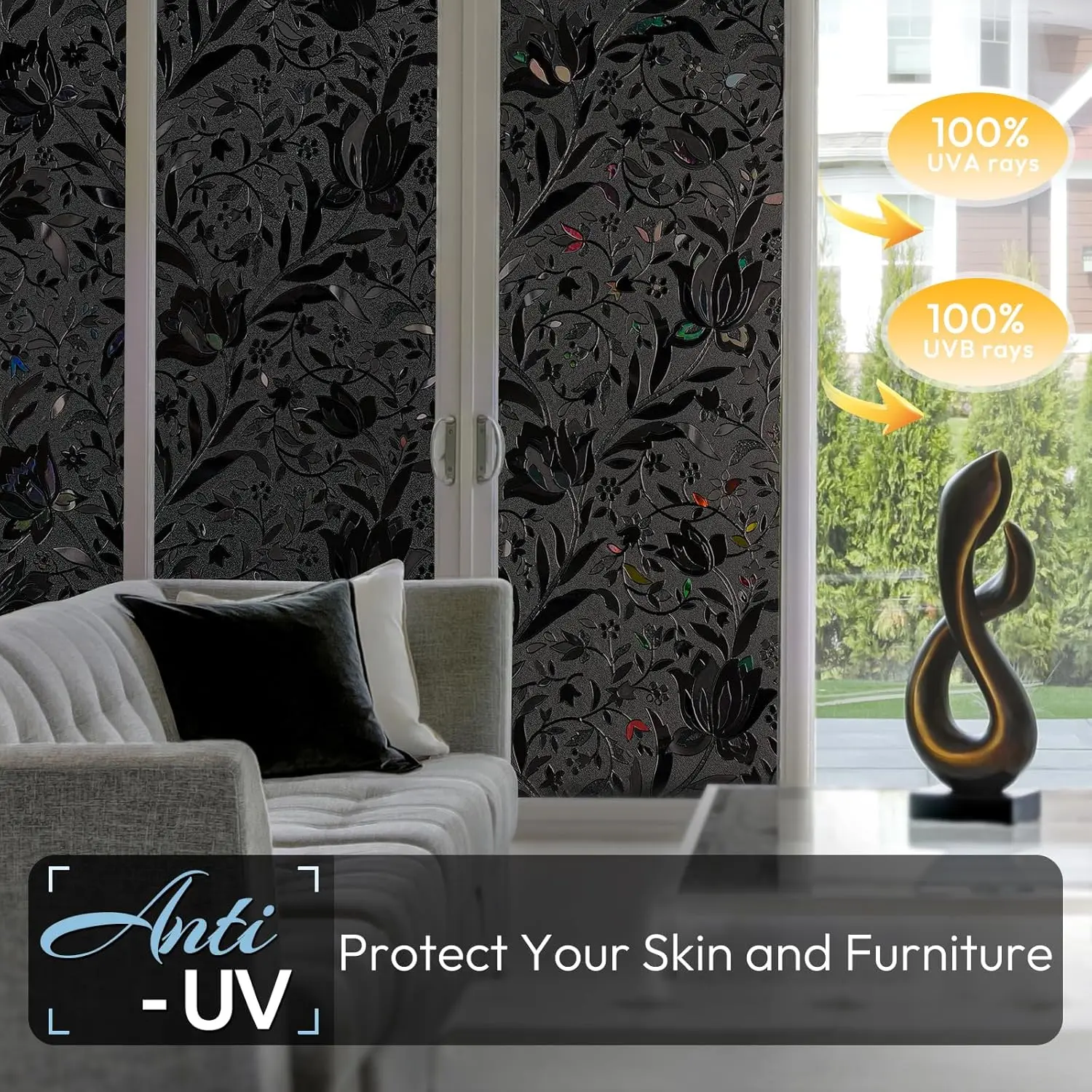 Total Blackout Window Film Sun Blocking Privacy Window Film Stained Glass Thermal Cling Heat Control, Room Darkening Glass Sticker for Door Covering, 17.5" x 78.7"