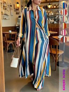 women's striped two-piece set long sleeve shirt & wide leg pants casual loose fit for vacation daily wear spring fall fashion