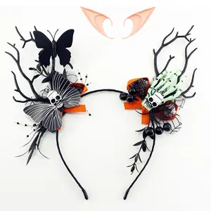 GentleLie Handmade Halloween Skull & Butterfly Headpiece with Elf Ears – Gothic Witch Antler Headband for Women, Skeleton Hand Spider Web Hair Accessory, Spooky Cute Fairy Cosplay Party Costume Decor