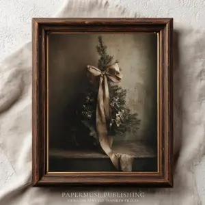 Rustic Holiday Wall Art, Antique Winter Tree Painting ,Vintage Christmas Tree with Ribbon, Old World Christmas Decor |Framless Poster Y
