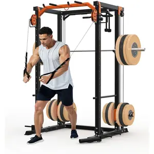 Power Cage, Power Rack with Cable Crossover System, 2000LBS Squat Rack with LAT Pull Down System, Workout Cage with Pulley System for Fitness Home Gym Strength Training (Red&Black)