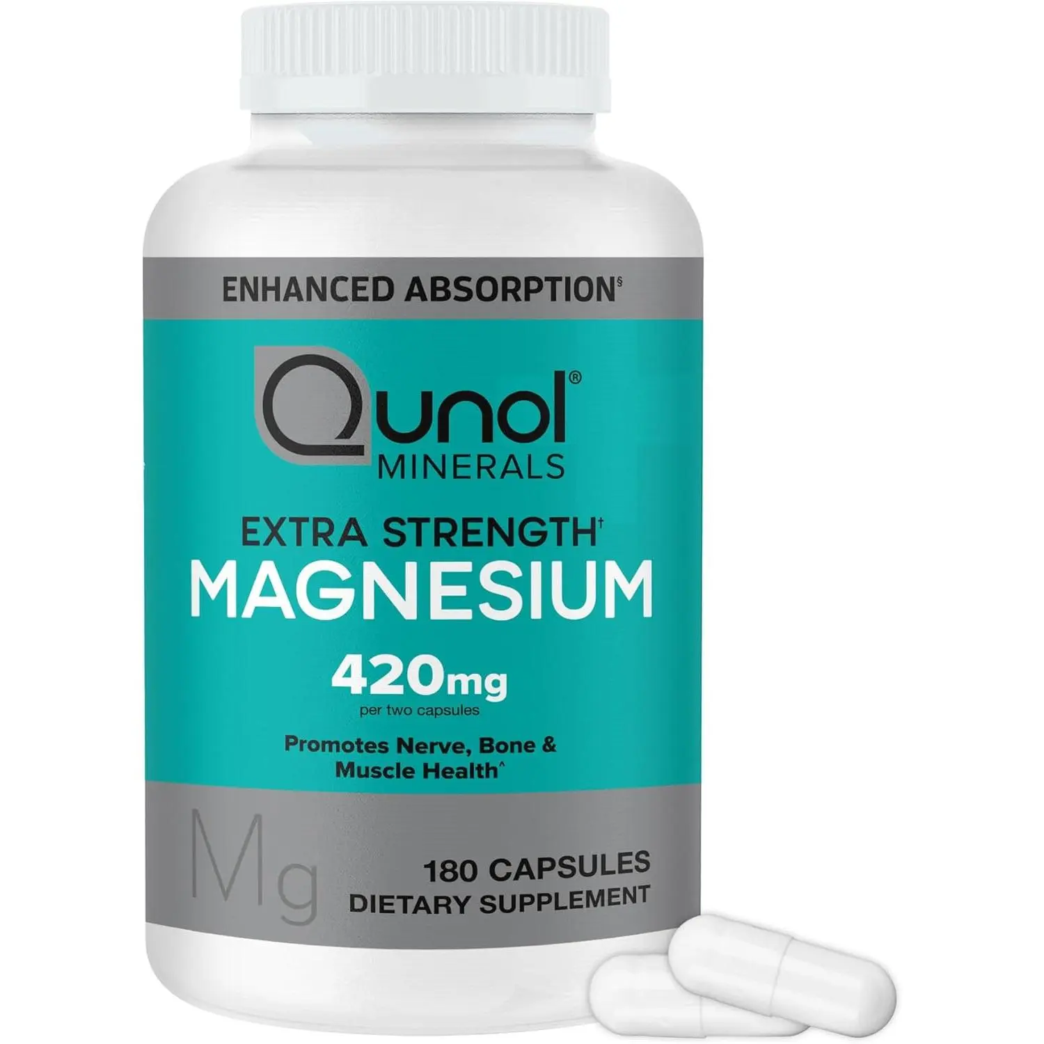 Qunol Magnesium Capsules, 420mg, 100% DV, High Absorption Dietary Mineral Supplement, Extra Strength, Gluten Free Individual Supplement, Supports Bone, Muscle & Cardiovascular Health, 180 Count, Mineral Supplements, Adults