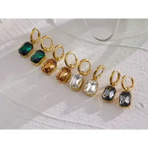 Gemstone Glow Hoops - Gold-Tone Stainless Steel Earrings with Emerald Green Faceted Stones Waterproof Non-Tarnishing Hypoallergenic Jewelry