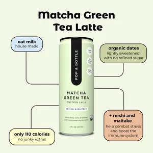 Pop & Bottle Matcha Green Tea Oat Milk Latte (12 Pack) with Naturally Sweet Dates, Functional Mushrooms, and Ceremonial Grade Matcha