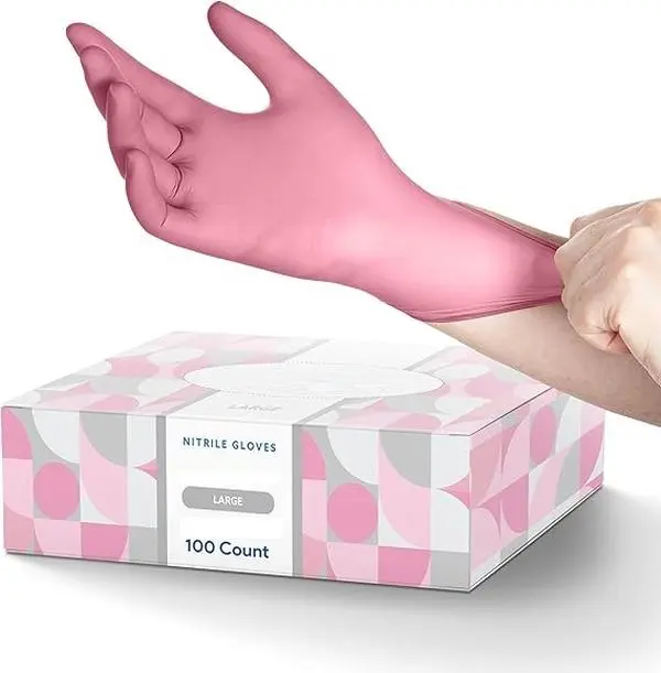100 Pcs Pink Nitrile Disposable Gloves, Latex-Free for Estheticians, Nail Techs, Hair Dye & Stylists, Cleaning Gloves, Textured Grip, Food Safe, Comfortable & Durable Gloves for Salon, Home & Kitchen Use