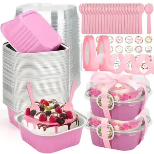 Mini Cake Pans with Lids, Large Aluminium Foil Pan Mini Cake Tins with Lids and Spoons, Square Individual Baking Pan Cup for Wedding, Birthday Party, Picnics