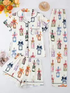 Women's Sleepwear Loungewear Ribbon Pajamas Set, 2026 New Spring Summer Button Front Short Sleeve Top & Loose Comfortable Shorts Pants, Casual Wine Bottle Pattern, Pj Set