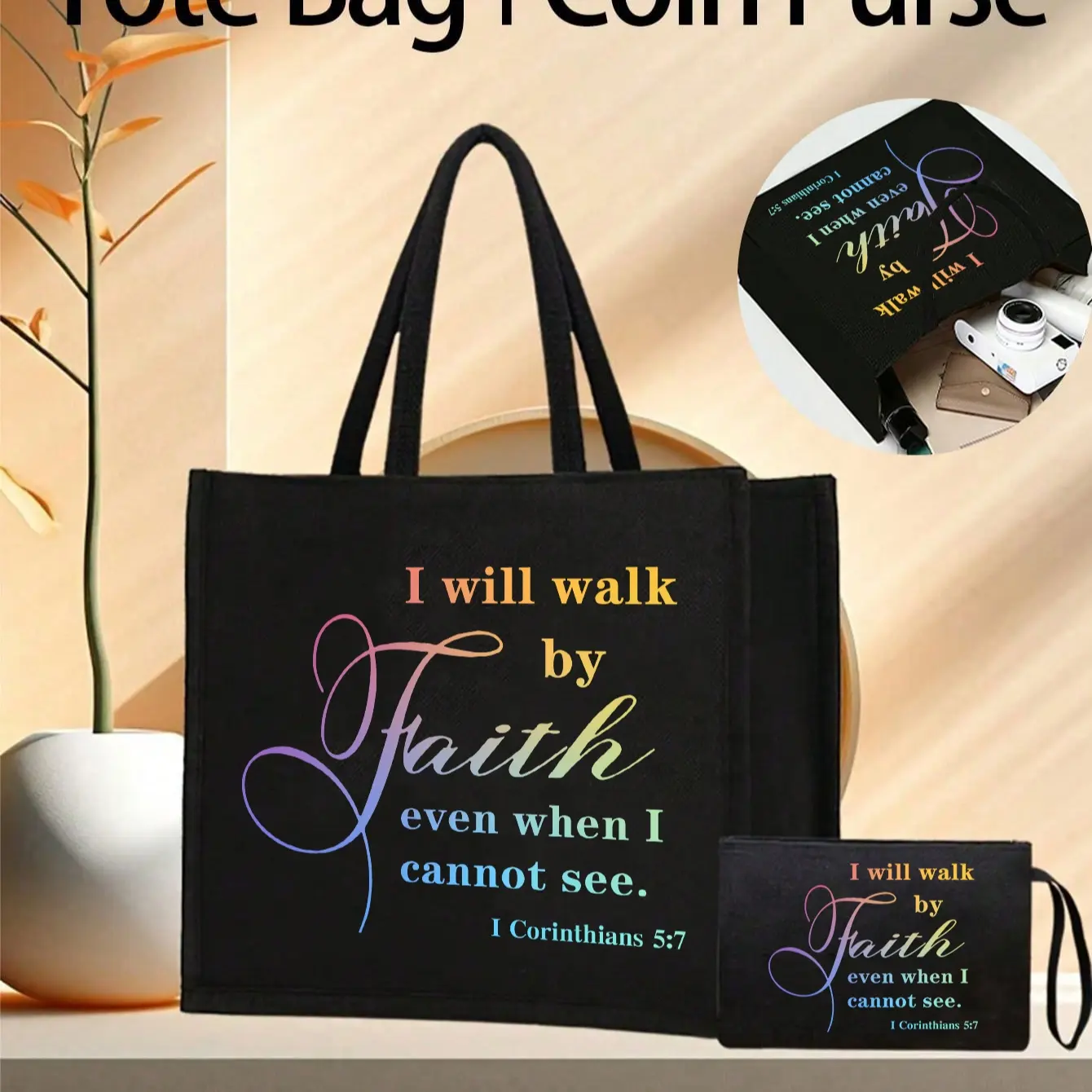 Tote Bag Set, Tote Bag, With Motivational Letters 'I Will Walk By Faith Even When I Cannot See' Printed On It, Reusable Tote, Portable Shopping Bag, Reusable Shopping Bags, Makeup Bag, Lightweight Foldable Storage Bag, Stylish Versatile Bag
