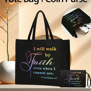 Tote Bag Set, Tote Bag, With Motivational Letters 'I Will Walk By Faith Even When I Cannot See' Printed On It, Reusable Tote, Portable Shopping Bag, Reusable Shopping Bags, Makeup Bag, Lightweight Foldable Storage Bag, Stylish Versatile Bag