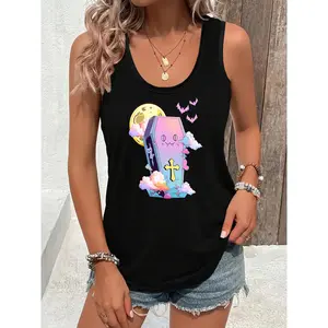 Women's Sleeveless Tank Top - Cute Pink & Anime-Inspired Kawaii Print (Kurumi Character) - Breathable Summer Blouse for Casual Wear, Themed Parties & Layering - Machine Washable  Fit Tops