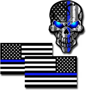 3PCS Reflective American Flag Thin Blue Line Sticker, Thin Blue Line Skull Decal, Police Stickers Blue Lives Matter Sticker, Back The Blue Car Decal Law Enforcement Flag Car Bumper Window
