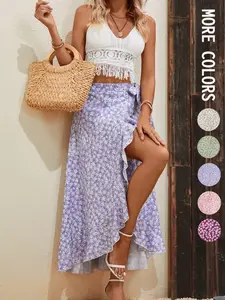 Ditsy Floral Print Ruffle Trim Tie Side Wrap Skirt, Women's Bohemian Boho Lace Up Midi Skirt for Everyday Wear and Garden Parties, Ideal for Vacations