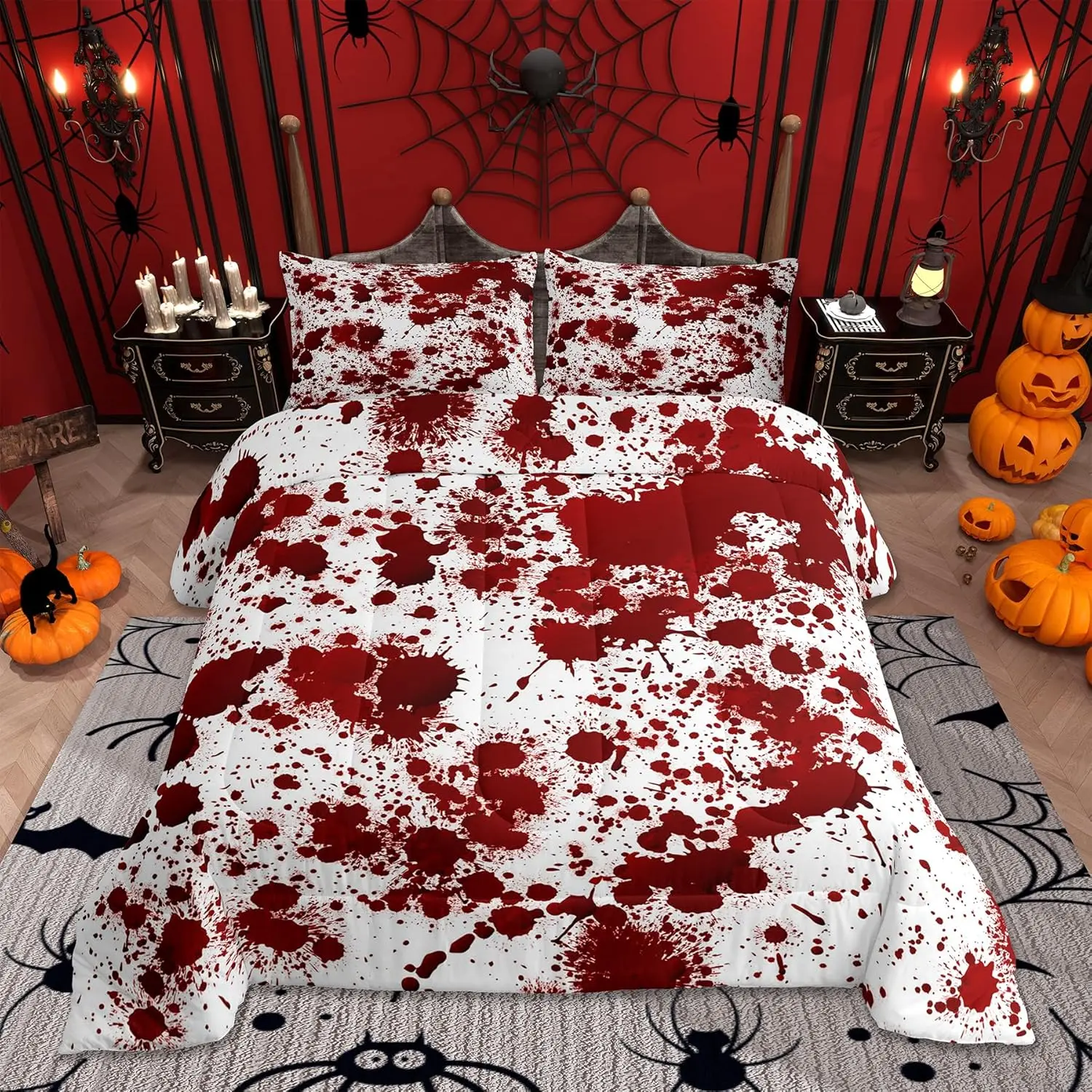 Feelyou Red Tie-Dye Queen Bed Comforter Set - Gothic Horror Style Bedding Set, Halloween Cool Room Decor for Kids, Queen Comforter Set
