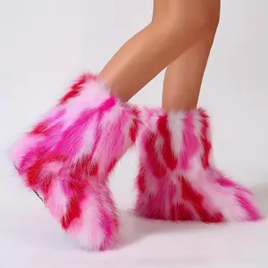 Colorful fluffy furry snow boots; fashionable winter thermal slip-on mid-calf boots; trendy comfortable outdoor flat footwear for women and girls; knee-high walking shoes