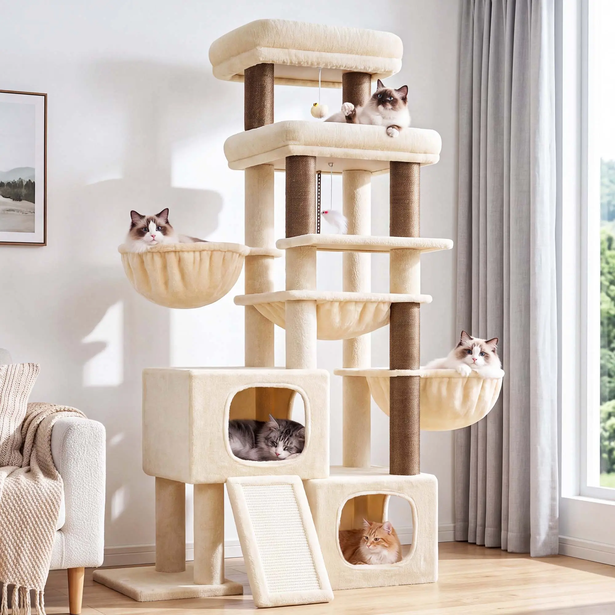 DESKAT 63-in Modern Freestanding Cat Tree Scratcher - Vertical Sisal Post & Board, Multi-Level Tower with 2 Condos, 3 Hammocks, Climbing Space, Claw Health Support for Large Breeds, 4+ Indoor Cats' Everyday Use,familyfun