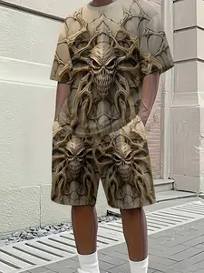 Dark Gothic Bone Pattern Skull Totem Men's 3D Digital Print Two-Piece Set, 2Pcs, Trendy Fashion Suit, Trendy Retro Casual Two-Piece Set, Vacation Style Trendy Outfit, Breathable Sports Casual Style, Perfect Holiday Gift for Men