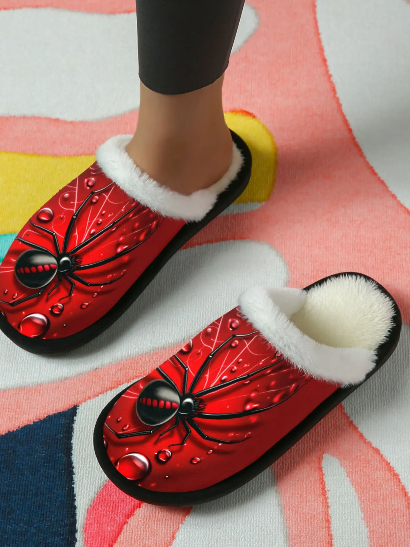 Spider Web Slippers - One Pair | Edgy Glossy Spider & Droplets Print, Plush White Fur Trim | Cozy Non-Slip Indoor Shoes | Halloween Gift / Unique Lounge Wear for Bold Style